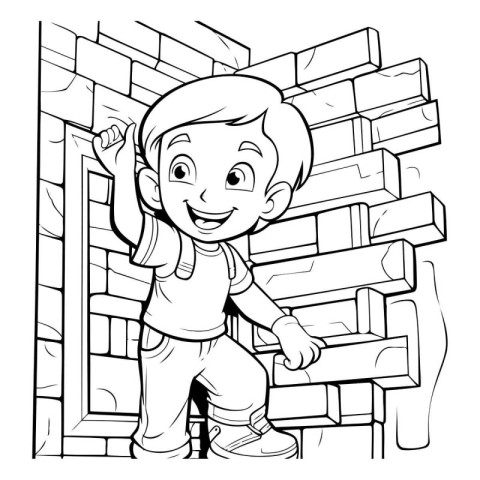 Black and white illustration of a little boy climbing a brick wa