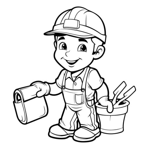 Cartoon Illustration of Kid Boy Builder Character with Paint Buc