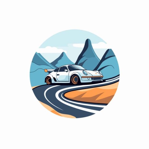 Car on the road in the mountains. Vector illustration in a flat