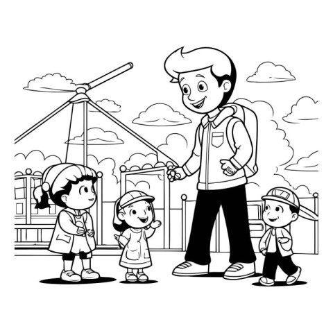 father with kids and windmill vector illustration graphic design