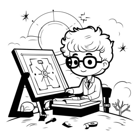 Black and White Cartoon Illustration of Kid Studying or Learning