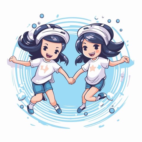 Cute girls rollerblading on a white background. Vector illustrat