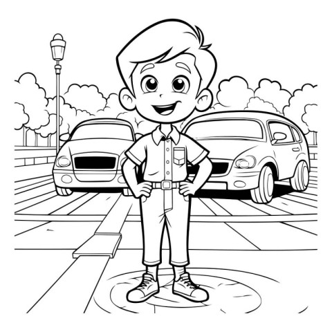 Teenager boy cartoon in the street. Black and white illustration