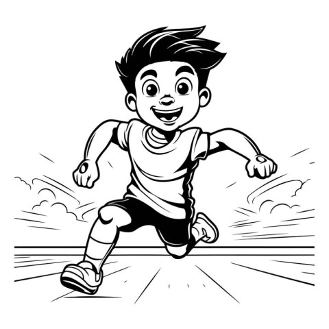 Running boy. Black and white vector illustration. Isolated on wh