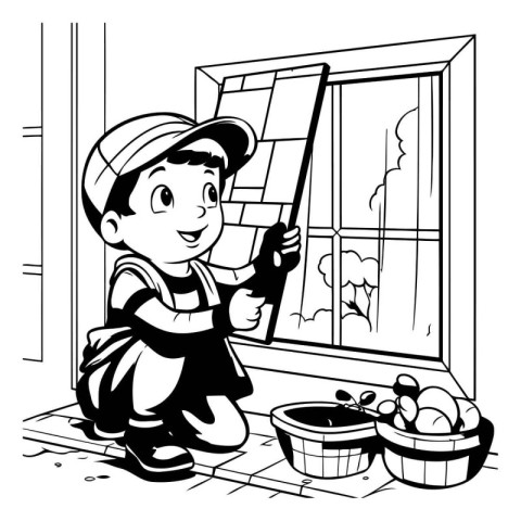 Boy painting the window at home. black and white vector illustra