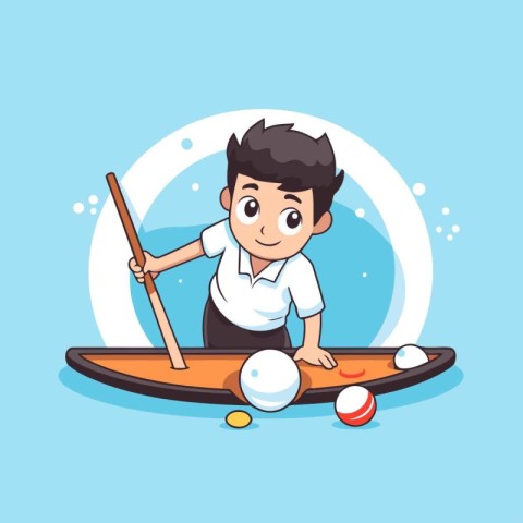 Cartoon boy playing billiard. Vector illustration in cartoon sty