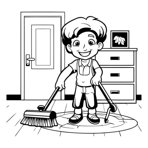 Boy Cleaning Floor With Broom - Black and White Cartoon Illustra