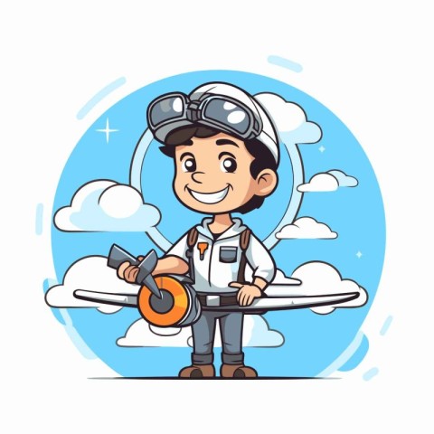 Cute boy pilot with airplane. Cartoon character. Vector illustra