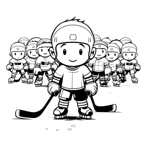 Children playing hockey. Coloring book for kids. Vector illustra