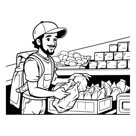 Vector illustration of a worker in the supermarket. Black and wh