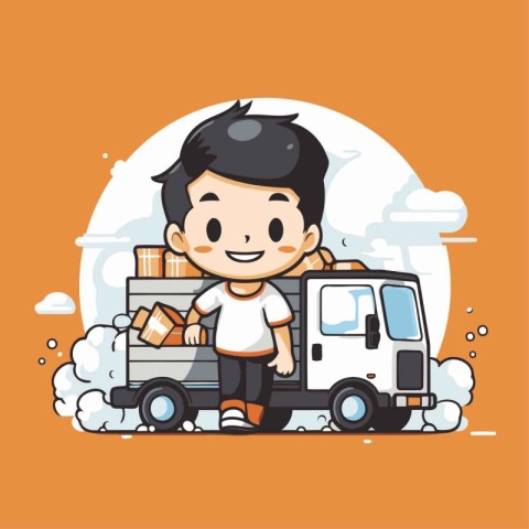 Cute little boy carrying a lot of boxes. Vector illustration.