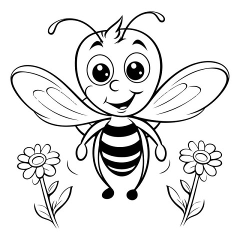 Cute bee with flowers. Vector illustration. Black and white.