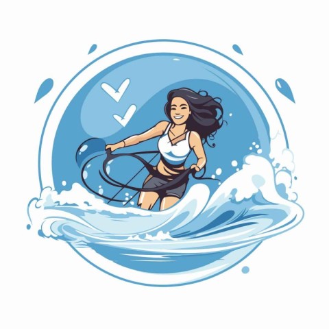 Surfer girl on a surfboard in the waves. Vector illustration.