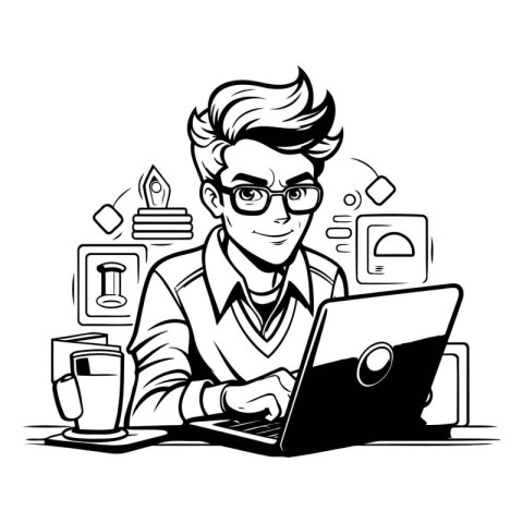 Businessman working on a laptop. Vector illustration in black an