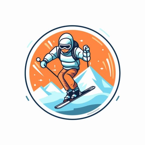 Snowboarder in helmet and goggles jumping on snowboard. Vector i