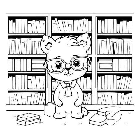 cute cat with glasses in the bookshelf vector illustration desig