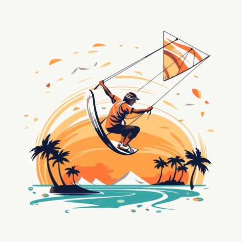 Kitesurfing man on the background of the sea. Vector illustratio