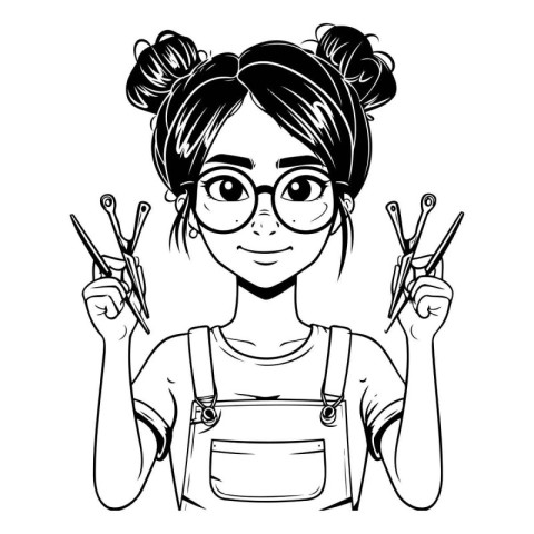 Woman with chopsticks. Vector illustration of a girl in glasses.