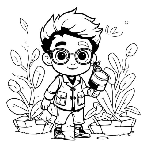 Boy watering plants in the garden. black and white vector illust