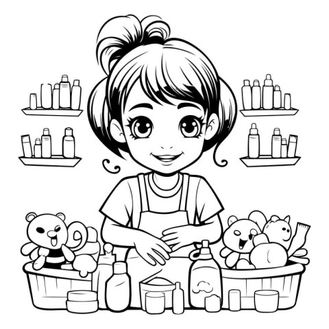 Black and White Cartoon Illustration of Cute Little Girl Posing