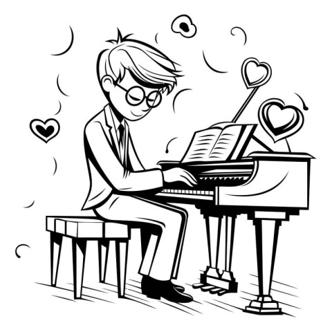 Boy playing the piano. Black and white vector illustration for c