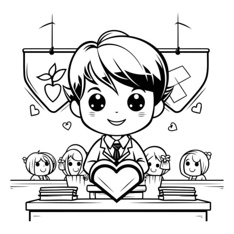 Black and White Cartoon Illustration of Elementary School Boy St