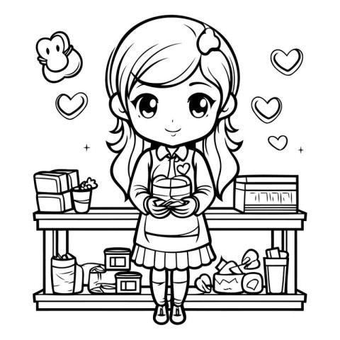 Cute little girl with a gift. Black and white vector illustratio