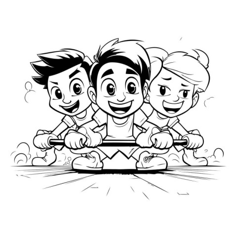 Children playing a video game. Black and white vector illustrati