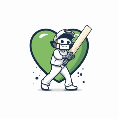 Cricket player with bat and green heart. Vector illustration.