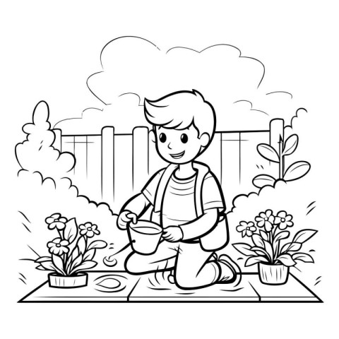 Boy watering flowers in the garden. Coloring book for children.