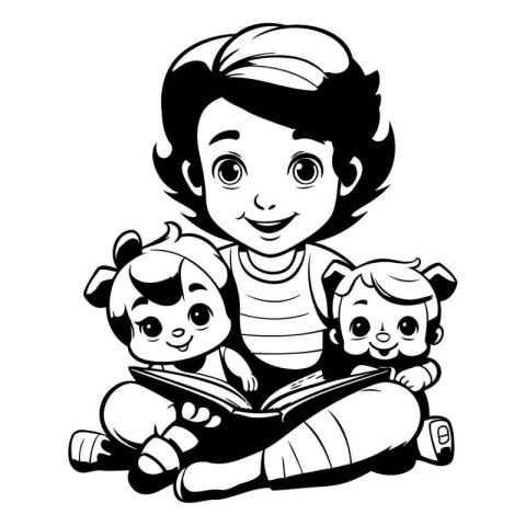 Mother reading a book with her children. black and white vector