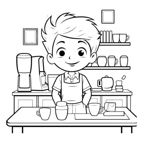 Cute barista boy cartoon in coffee shop vector illustration grap