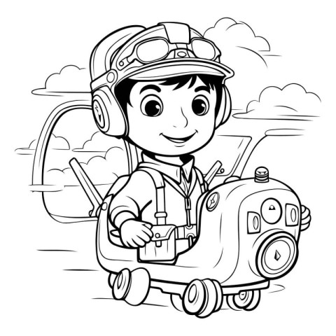 Black and White Cartoon Illustration of Kid Pilot Character for