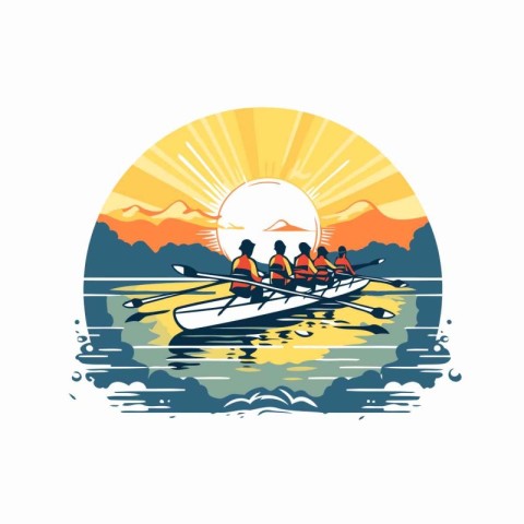 Group of people rowing on the lake at sunset. Vector illustratio