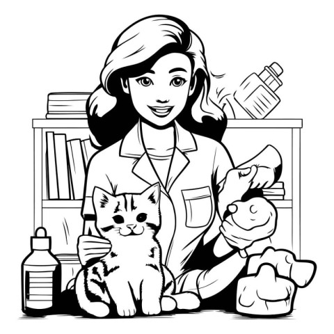 Girl with cat and bottles of cleaning products. Black and white