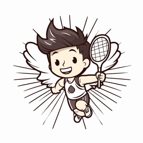 Vector illustration of a boy playing badminton with wings and ra