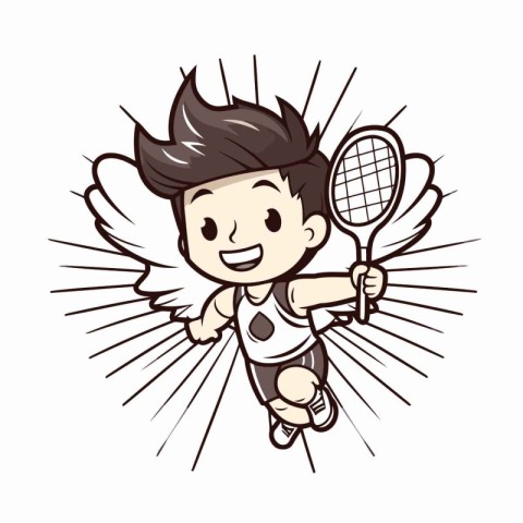 Vector illustration of a boy playing badminton with wings and ra