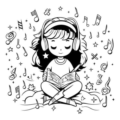 Cute little girl listening to music with headphones. Vector illu