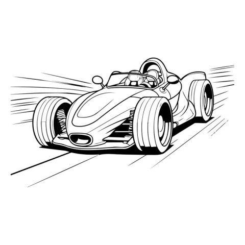 illustration of a vintage race car in black and white colors.