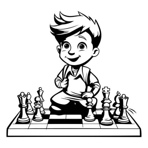 Boy playing chess. Black and white vector illustration for color