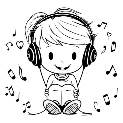 Cute little boy listening to music on headphones. Vector illustr