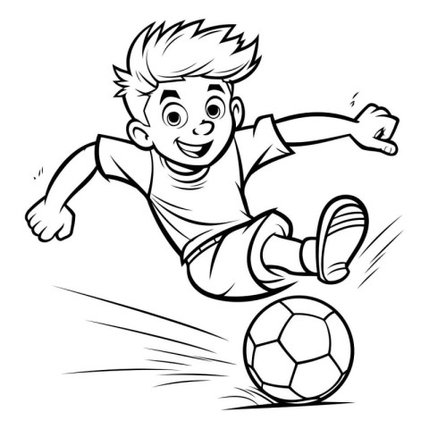 Boy playing soccer - Black and White Cartoon Illustration. Vecto