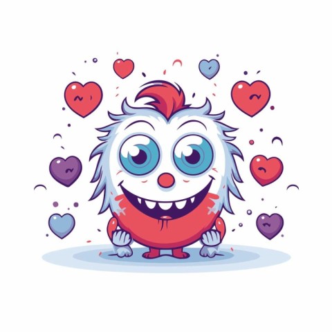 Cute cartoon monster with hearts on white background. Vector ill