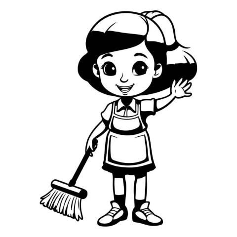 Cute girl sweeping the floor. black and white vector illustratio