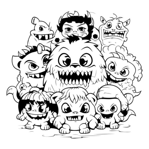 Group of cartoon monsters. Black and white vector illustration f