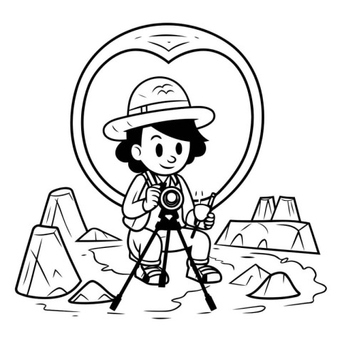 Boy explorer with camera in heart shape. Black and white illustr