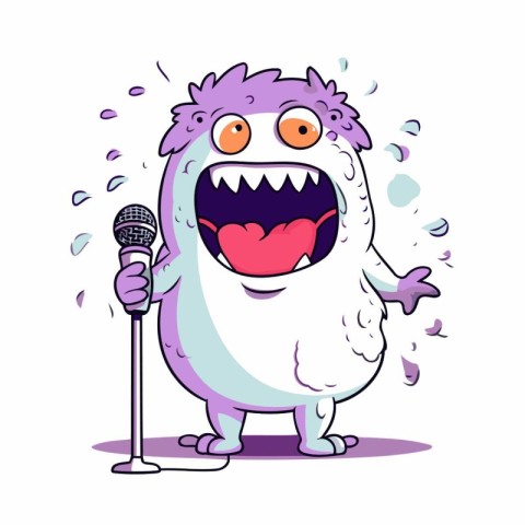 Cute cartoon monster singing karaoke with microphone. Vector ill