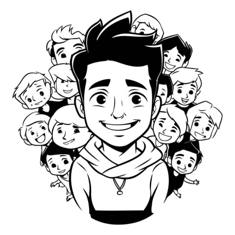 Vector illustration of a man with a group of children around him