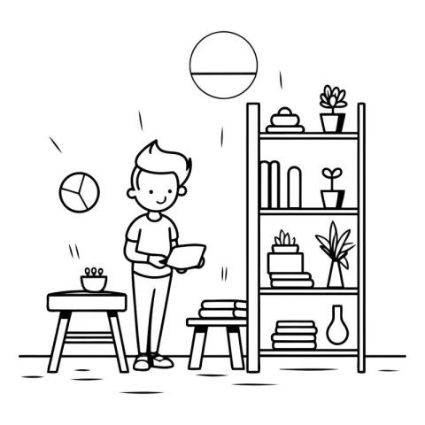 Boy with laptop at home. Black and white linear vector illustrat