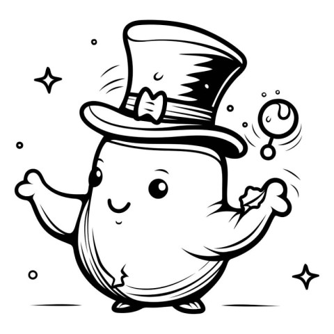 Black and White Cartoon Illustration of Funny Magician or Leprec